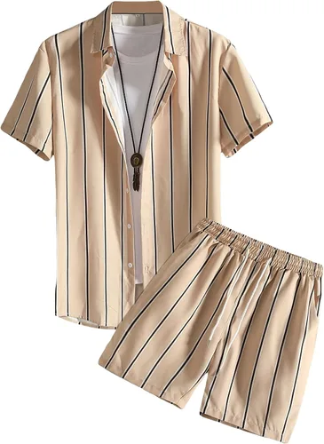 Milumia Conjunto de 2 piezas de camisa y pantalones cortos con cuello y botones a rayas de colores para hombre