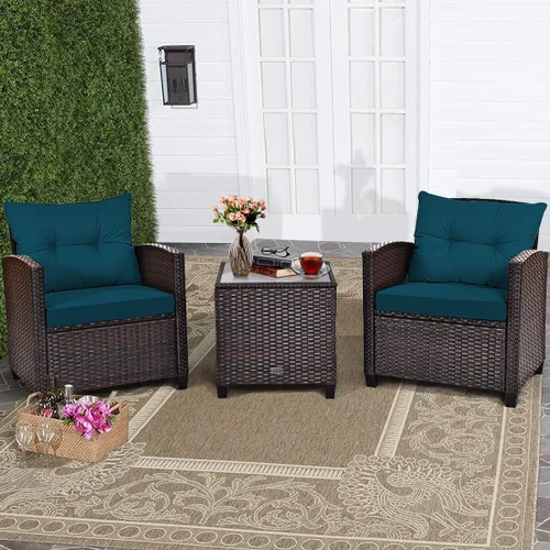RELAX4LIFE Juego de muebles de patio de 3 piezas, juego de conversación de mimbre con 2 sillones acolchados y mesa con tapa de cristal, juego de