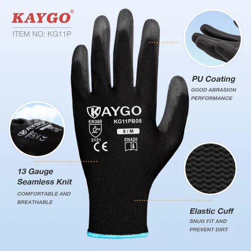 Miniatura 2 de KAYGO KG11PB - Guantes de trabajo de seguridad con revestimiento de poliuretano, 12 pares de guantes de punto sin costuras para hombres y mujeres