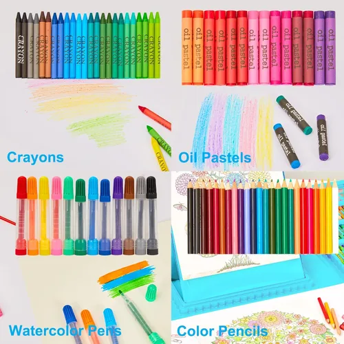 Miniatura 5 de KINSPORY Kit de arte, 290 unidades de arte para manualidades, kit de colorear, caballete triple de doble cara, pasteles al óleo, crayones y lápices