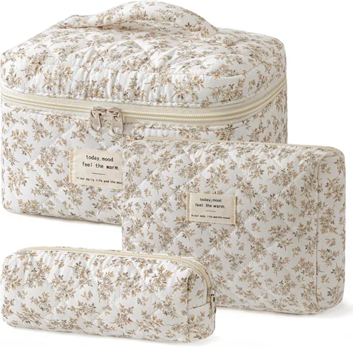 Miniatura 44 de HBselect Bolsa de maquillaje acolchada, 3 piezas de algodón grande, bolsa de maquillaje de viaje, bonita bolsa de maquillaje floral de coqueta