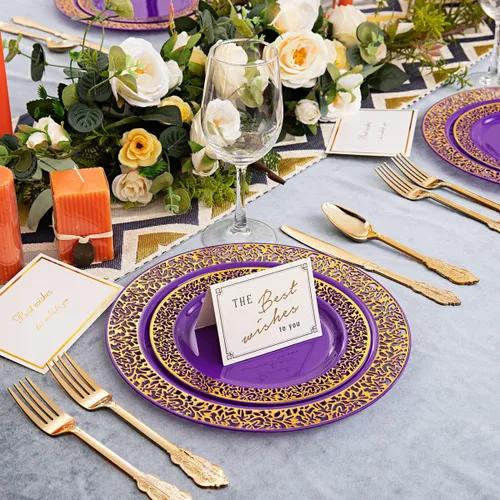 Miniatura 5 de U-QE 150 platos de plástico dorado morado con cubiertos dorados, platos de plástico dorados para fiestas y bodas, incluyen 30 platos llanos de 10.25