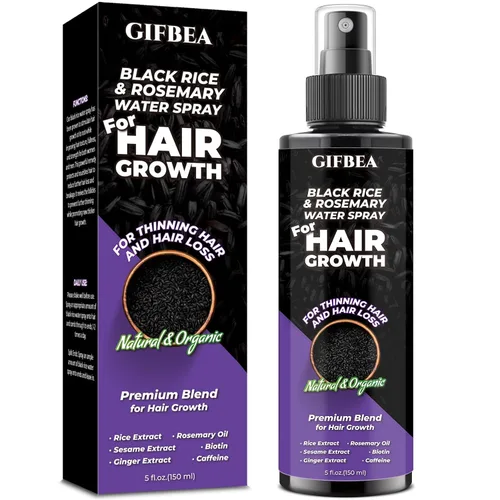 GIFBEA Spray orgánico de suero para el crecimiento del cabello con agua de arroz negro, 5 onzas líquidas, aroma de romero, para todo tipo de