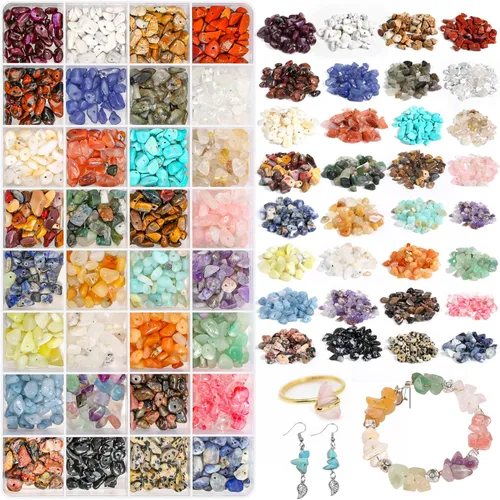 Jollidecor Cuentas de piedra de cristal de 32 colores para hacer anillos, juego de cuentas de piedras preciosas surtidas para pulseras de joyería,