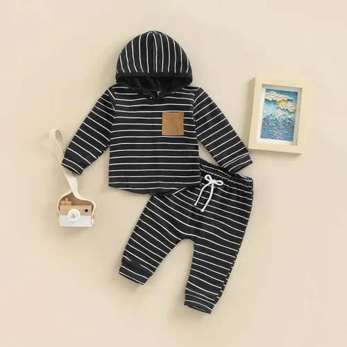 Miniatura 66 de Ropa de bebé niño 3 6 9 12 18 24M 3T Conjunto de pantalones con capucha patchwork sudadera con capucha pantalones de rayas traje de otoño invierno