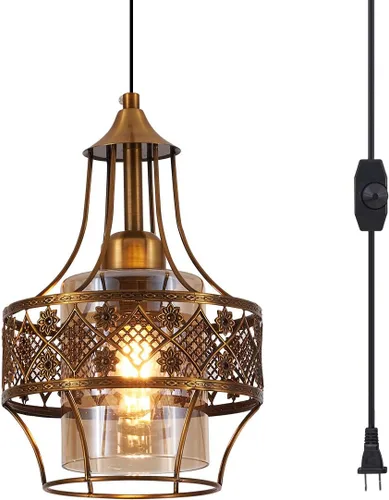 YLONG-ZS Lámpara colgante con enchufe de granja, lámpara colgante de cristal dorada, luces vintage con cable de enchufe de 16 pies para isla de