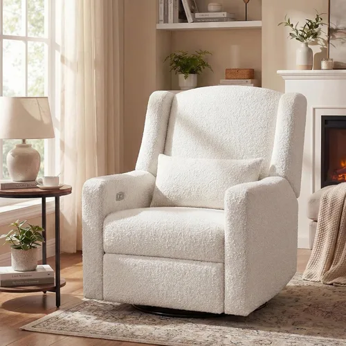 Power Glider - Silla reclinable para guardería con puertos USB, mecedora suave para guardería, silla giratoria con almohada lumbar para sala de