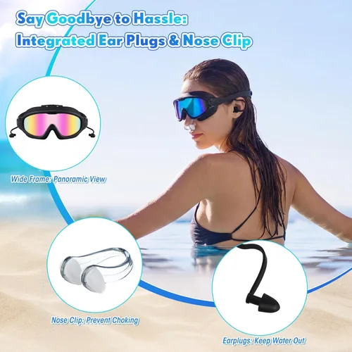 Miniatura 5 de Kanayu 10 gafas de natación para adultos con tapones para los oídos, clip para la nariz, visión amplia, sin fugas, antiniebla, para adultos, hombres