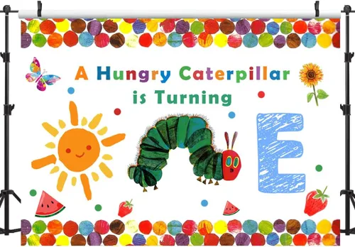 Miniatura 4 de Lofaris A Hungry Caterpillar is Turning One Happy Birthday - Telón de fondo de fiesta de cumpleaños con diseño de oruga de dibujos animados, diseño
