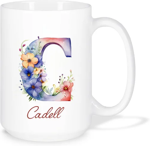 Miniatura 12 de Taza de café personalizada de la letra A del alfabeto, Taza de café blanca con nombre personalizado único, Taza inicial de monograma floral