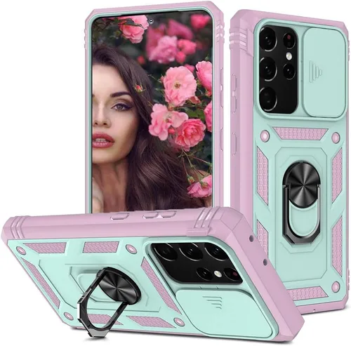 Miniatura 22 de Funda para Samsung Galaxy S22 Ultra 5G con ranura para tarjetero de cámara deslizante, grado militar, resistente, a prueba de golpes, funda de tres