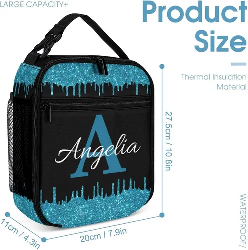 Miniatura 3 de Bolsa de almuerzo con nombre personalizado para hombres y mujeres, con monograma de purpurina azul, hielera, portátil, con nombre, para niñas, azul