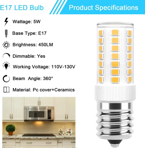 Miniatura 3 de Bombillas LED E17 regulables de 5 W para microondas sobre estufa, 125 V, 40 W, equivalente a incandescente, blanco cálido 3000 K, apto