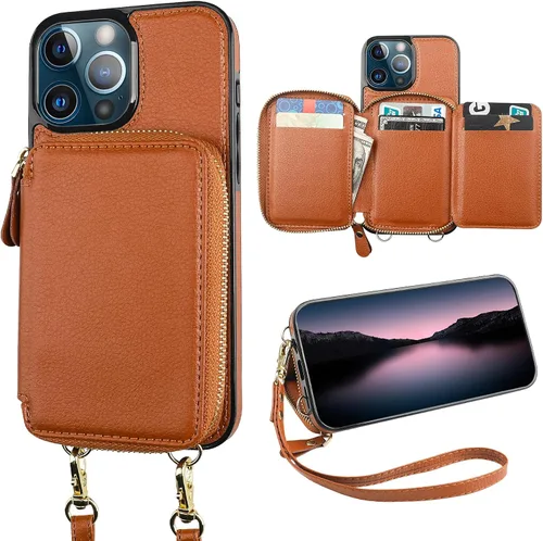 Bocasal Funda tipo cartera con bloqueo RFID para iPhone 13 Pro Max, bolso cruzado ajustable con cremallera con soporte y correa de muñeca Marrón