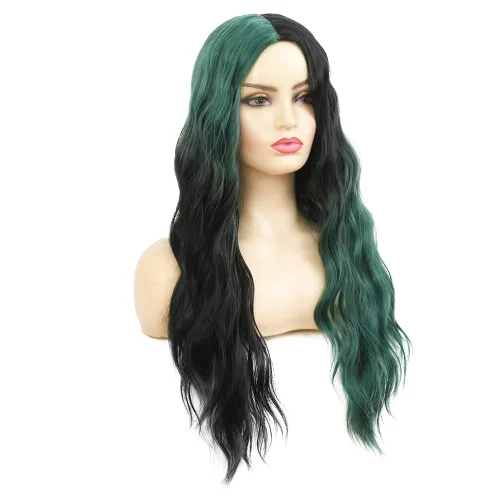 Miniatura 3 de Swiking Pelucas largas de color verde y negro para mujer, pelucas de cabello ondulado natural ombré verde sintético de fibra suave para fiesta