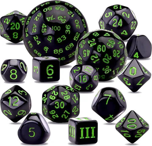 Miniatura 10 de AUSTOR juego completo de 15 dados poliédricos D3-D100 con bolsa de cuero de almacenamiento con cordón para juegos de mesa de rol (negro y blanco)