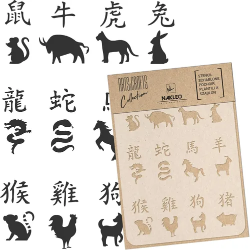 NAKLEO Plantilla de pintura para manualidades A4 de 8.3 x 11.8 pulgadas, patrón de signo del zodiaco chino, plantilla de dibujo de plástico