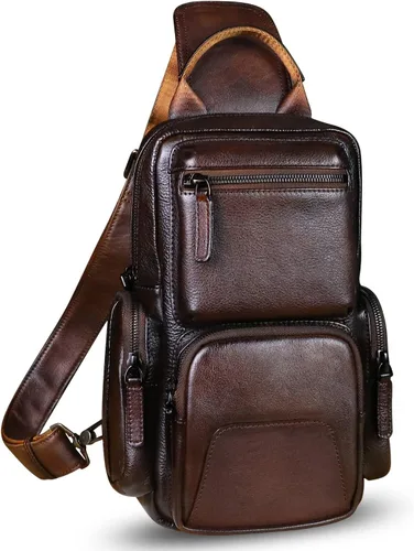 IVTG Bolso de hombro de cuero genuino, mochila de viaje, mochila de senderismo, mochila casual, bolso de pecho vintage hecho a mano, mochila para