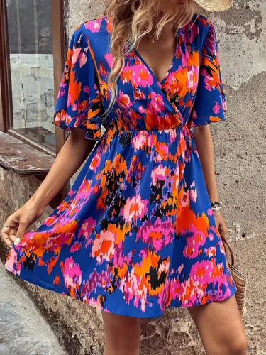 Miniatura 4 de OYOANGLE Vestido acampanado acampanado con cuello en V y manga corta de mariposa para mujer