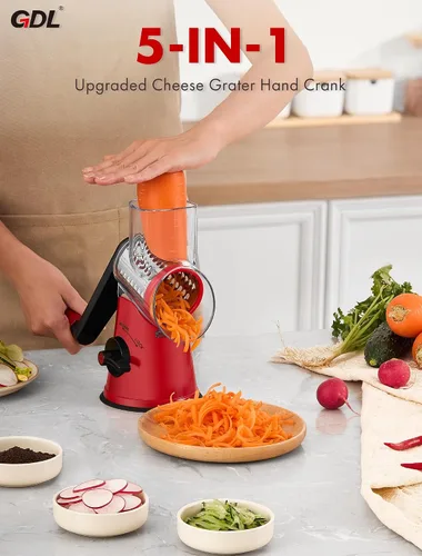 Miniatura 9 de Rallador de queso giratorio GDL con manivela manual con 5 cuchillas intercambiables - Rallador de queso mejorado con base de succión fuerte para Rojo