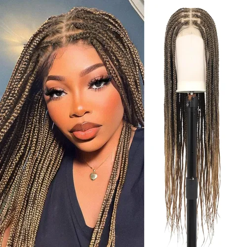 Miniatura 10 de Pelucas trenzadas Fecihor para mujeres, pelucas delanteras de encaje sin nudos con cabello de bebé, trenza tipo "box", 13x8 pulgadas, pelucas