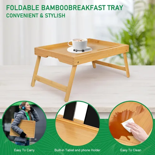 Miniatura 3 de Artmeer Bandeja de cama con patas plegables, bandeja de bambú para desayuno con ranura multimedia, uso como plato, escritorio para laptop