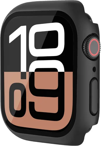 Miniatura 13 de Estuche duro mate para Apple Watch Series 7 8 9 41mm, protector de pantalla de vidrio templado, estuche con cobertura completa, amortiguador a Negro