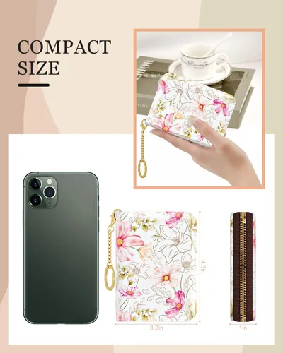 Miniatura 2 de Rouidr Tarjetero de crédito para mujer, pequeña cartera organizadora de tarjetas RFID delgada con cremallera y llavero, Elegante diseño floral.