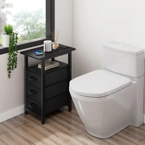 Miniatura 9 de Vagusicc Mesita de noche negra con estación de carga y luces LED, mesa auxiliar estrecha, mesita de noche LED con 3 cajones de tela para dormitorio