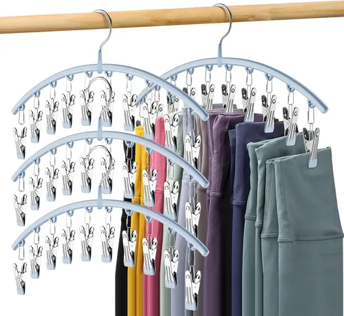 Volnamal Organizador de leggings para armario, colgador de metal para pantalones de yoga con revestimiento de goma, paquete de 4 con 10 clips para