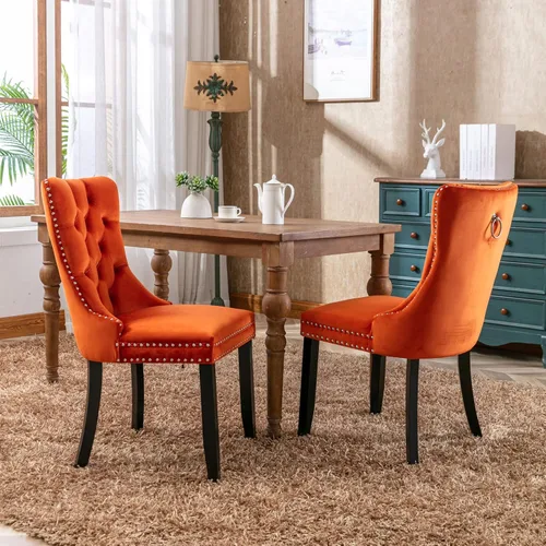 Miniatura 4 de Juego de 2 sillas de comedor de terciopelo, sillas decorativas tapizadas con botón acolchonado, ribete de cabeza de clavo y tirador de anillo Naranja