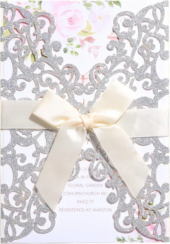 Miniatura 10 de AdasBridal 50 tarjetas de invitación de boda cortadas con láser con estampado floral, con sobre, hoja interior en blanco y cinta para boda, Dorado