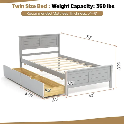 Miniatura 2 de GOFLAME - Base de cama tamaño individual con 2 cajones, base de plataforma con cabecera y estribo de madera maciza, listones de madera para soporte