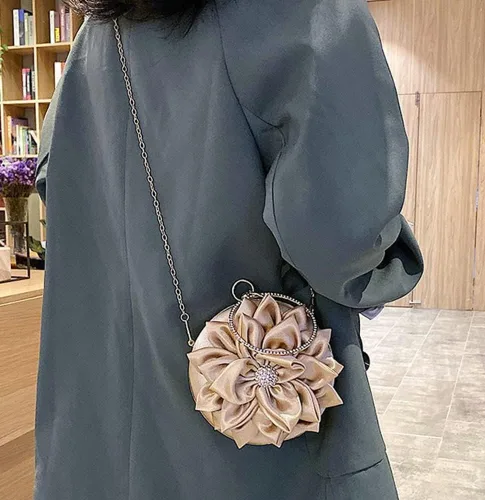 Miniatura 2 de Obosoyo Bolso de mano con diamantes de imitación en forma de flor para mujer, bolso redondo de satén suave, bolso de mano para fiesta de boda, bolso