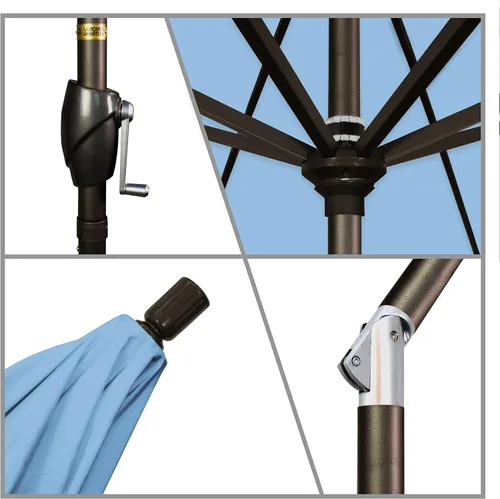 Miniatura 3 de California Umbrella Sombrilla redonda de aluminio de 7.5 pies, manivela elevadora, botón de inclinación, poste de bronce, Sunbrella Air Blue