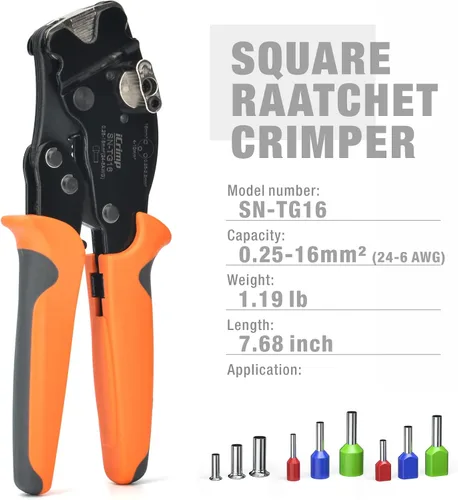 Miniatura 2 de iCrimp - Engarzadora de trinquete cuadrada para manguitos y virolas AWG 24-6 Crimpadora de trinquete cuadrada para casquillos de alambre