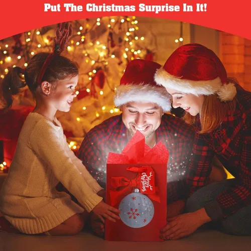 Miniatura 8 de KomoLeay Paquete de 4 bolsas de regalo de 13" de gran tamaño con patrón navideño surtido, bolsas de regalo con papel de seda para suministros