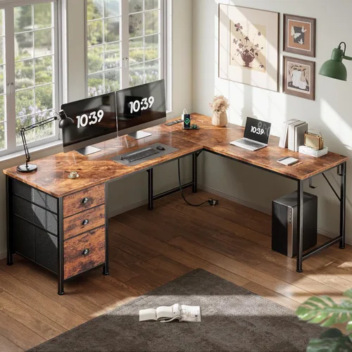 Miniatura 2 de Furologee 63" L Shaped Computer Desk with Power Outlet & USB-C Port, Reversible Home Office Desk with 2 Fabric Drawers, File Cabinet, Hooks, Large