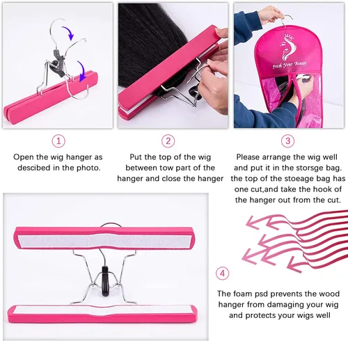 Miniatura 4 de 3 piezas de bolsa de almacenamiento extralarga para pelucas con colgador de madera, bolsa de almacenamiento para extensiones de cabello con Rosa Hot