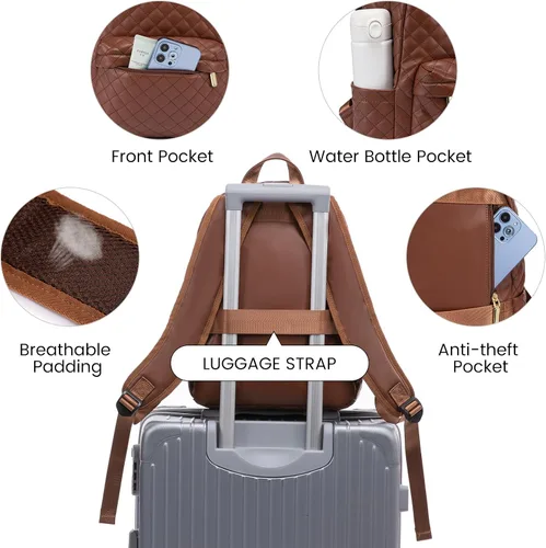 Miniatura 4 de LOVEVOOK Mochila pequeña acolchada para mujer, mochila de cuero, impermeable, para viajes de trabajo, Marrón, Compacto
