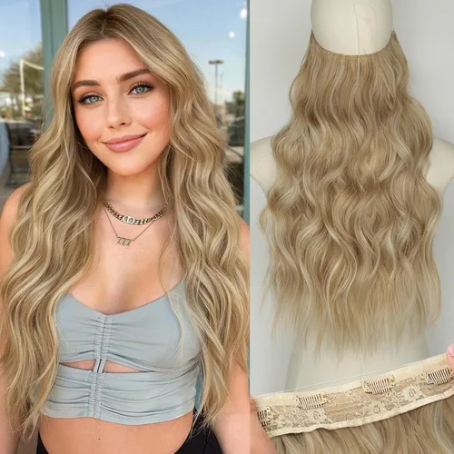 Miniatura 88 de KooKaStyle - Extensiones de cabello con hilo invisible, diadema transparente, ajustables, 4 clips fijadores, cabello largo y ondulado de 12