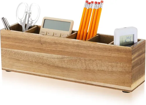 Jetec Portalápices de madera para escritorio, 6 compartimentos, organizadores de escritorio de oficina de madera para encimera, organizador de