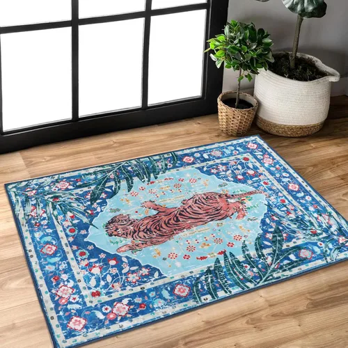Alfombra de leopardo de 2 x 3 pies para sala de estar, alfombra estética vintage de animales para habitación de niñas, guardería, dormitorio, Azul
