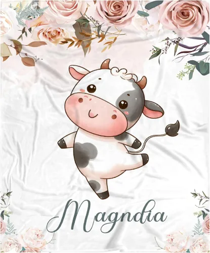 Manta de bebé personalizada para niñas y niños pequeños, recién nacidos, regalos personalizados de vaca floral con nombre y texto, 40 x 30 pulgadas,