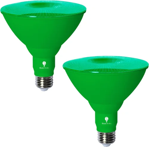 Paquete de 2 luces de inundación color verde LED BlueX Par38, de 18 vatios (equivalente a 120 vatios), regulables, luces verdes LED base E26 para