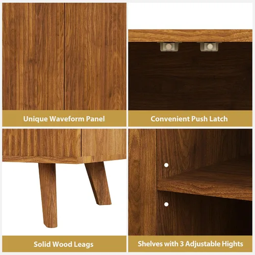 Miniatura 4 de Armario de almacenamiento estriado, aparador de buffet moderno con estantes ajustables, aparador independiente con puertas dobles, armario Nogal