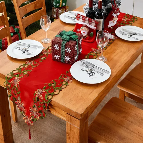 Miniatura 5 de AMARED Caminos de Mesa Bordados de Navidad con Calados de Hojas Verdes Manteles de Mesa Navideños para Decoraciones de Navidad 15x87 Pulgadas