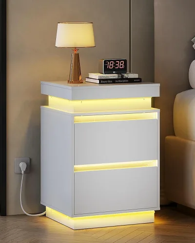 Miniatura 14 de WLIVE Mesita de noche negra con estación de carga y luces LED, mesita de noche con 2 cajones de madera y parte superior deslizante, mesa auxiliar