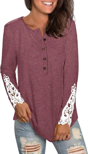 Miniatura 3 de WIHOLL Camisetas Henley de manga larga con cuello redondo y botones de encaje para mujer