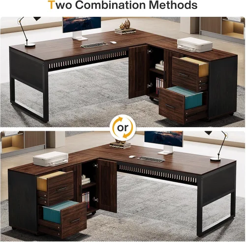 Miniatura 7 de Tribesigns Escritorio ejecutivo en forma de L de 63 pulgadas con archivador móvil, escritorio grande para computadora de oficina, mesa de muebles